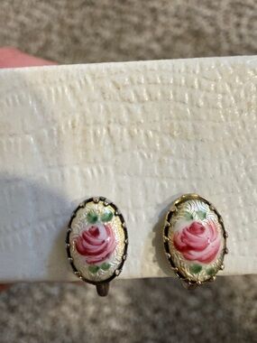 Vintage-Style Pink Rose Oval Drop Earrings clip on vintage porcelain